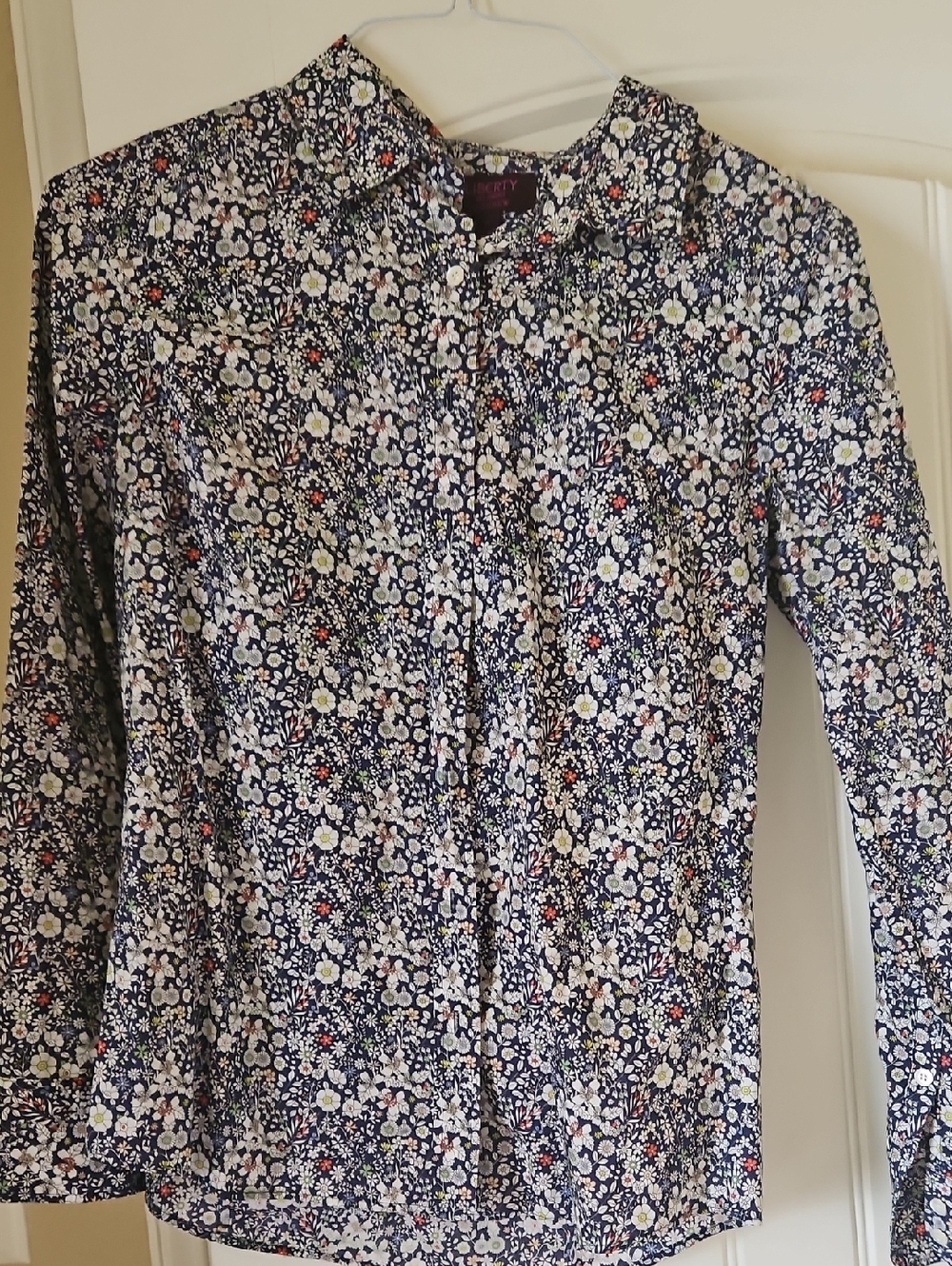 J. Crew Navy Floral Button-Down Shirt with White and Red Flowers